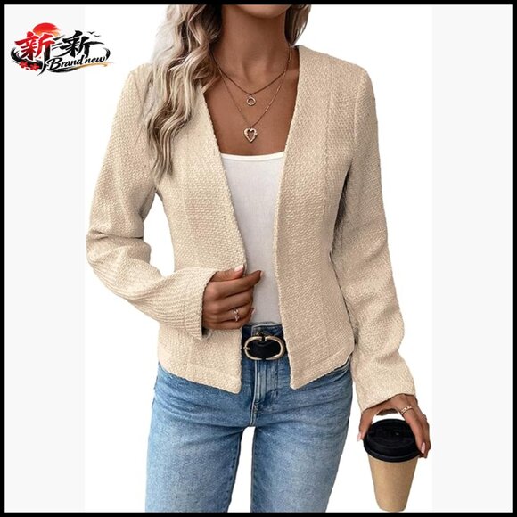 Tweed Blazer Jacket Collarless Open Front Slim Fit Work Casual